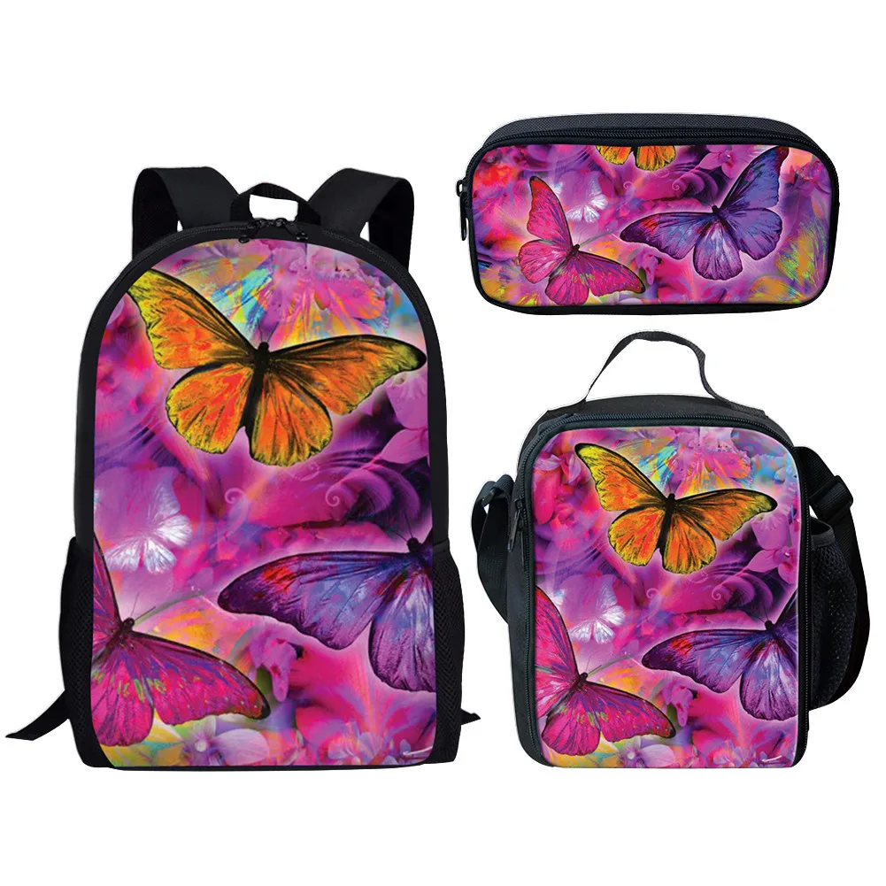 Classic Fashion novità Funny butterfly 3D Print 3 pz/set borse da scuola per studenti zaino per Laptop zaino per pranzo astuccio per matite