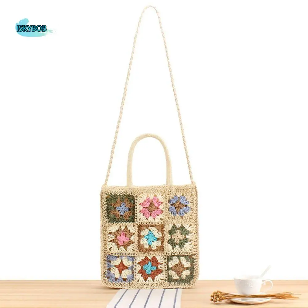 

Large Capacity Bohemian Hand-knitted Bag Handmade Crochet Flower Woven Straw Handbag Splicing Crossbody