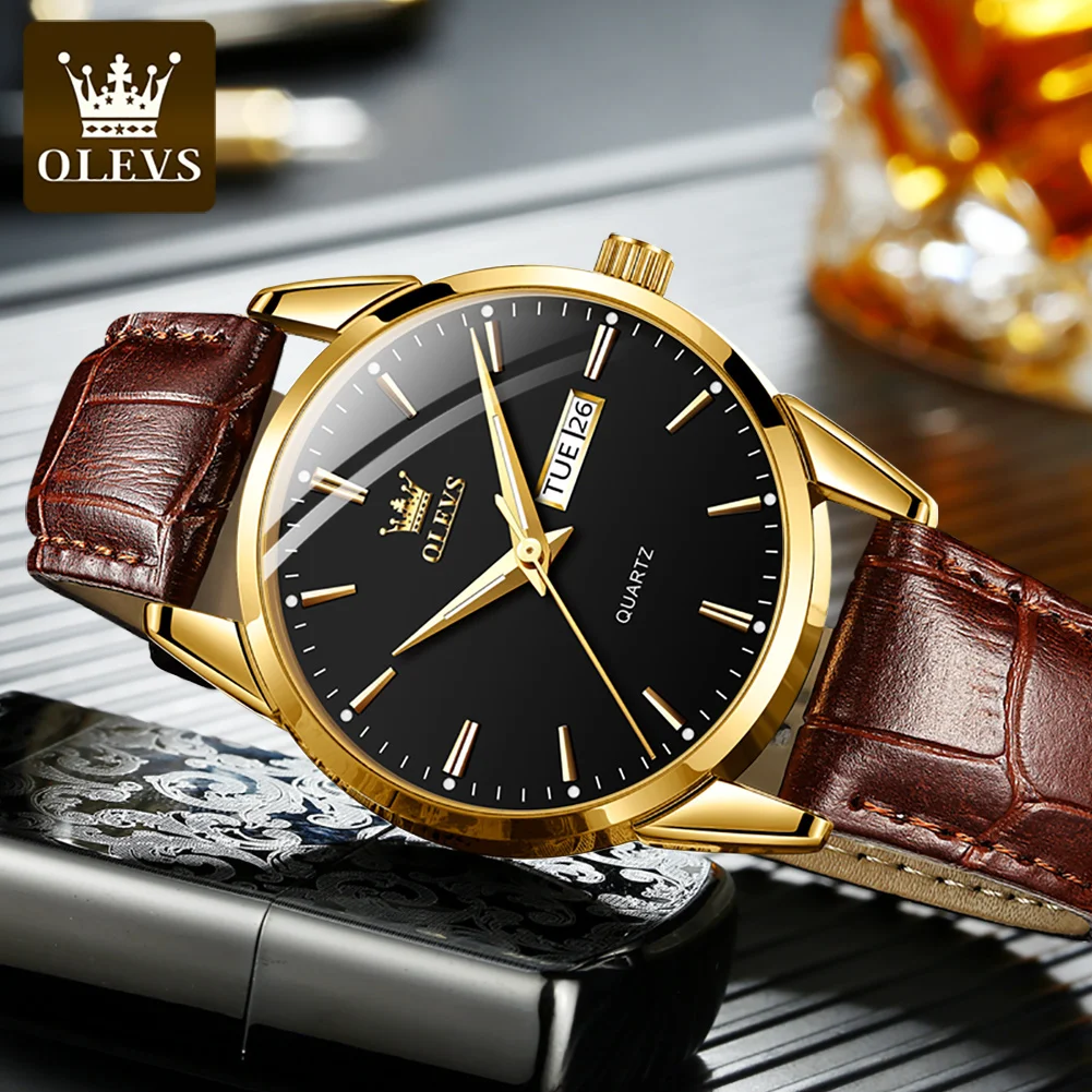 OLEVS Top Brand Men Classic Quartz Waterproof Watch Leather Strap Business Popular Casual Watch for Man Original Luminous Date