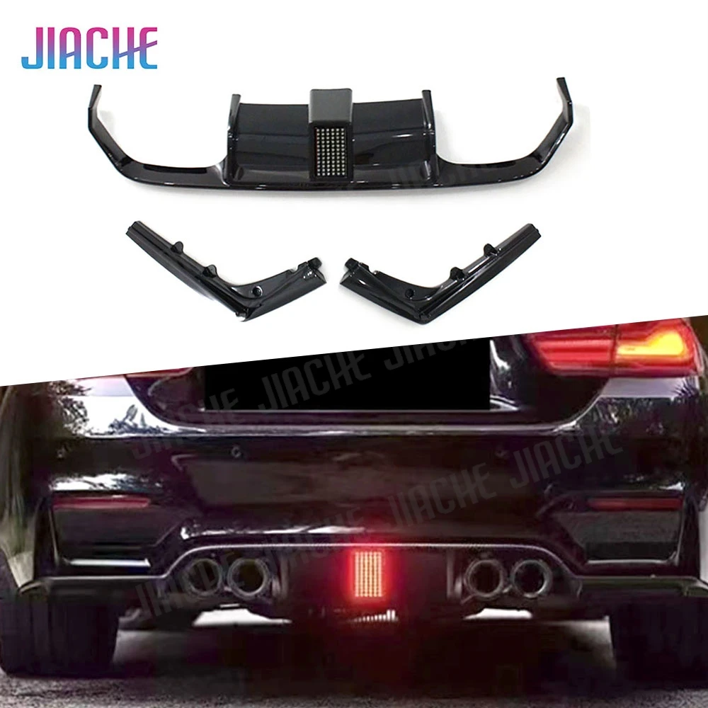 ABS Rear Diffuser Bumper Lip Spoiler For BMW 3 Series 4 Series F80 M3 F82 F83 M4 2014-2019 Cabon Look Gloss Black With Lamp