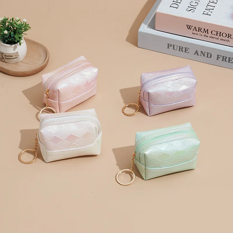 Gradient Color Lattic Coin Bag Purse Women Coin Money Card Holder Lipstick Cosmetic Bag Zipper Key Storage Pouch For Kid Girl