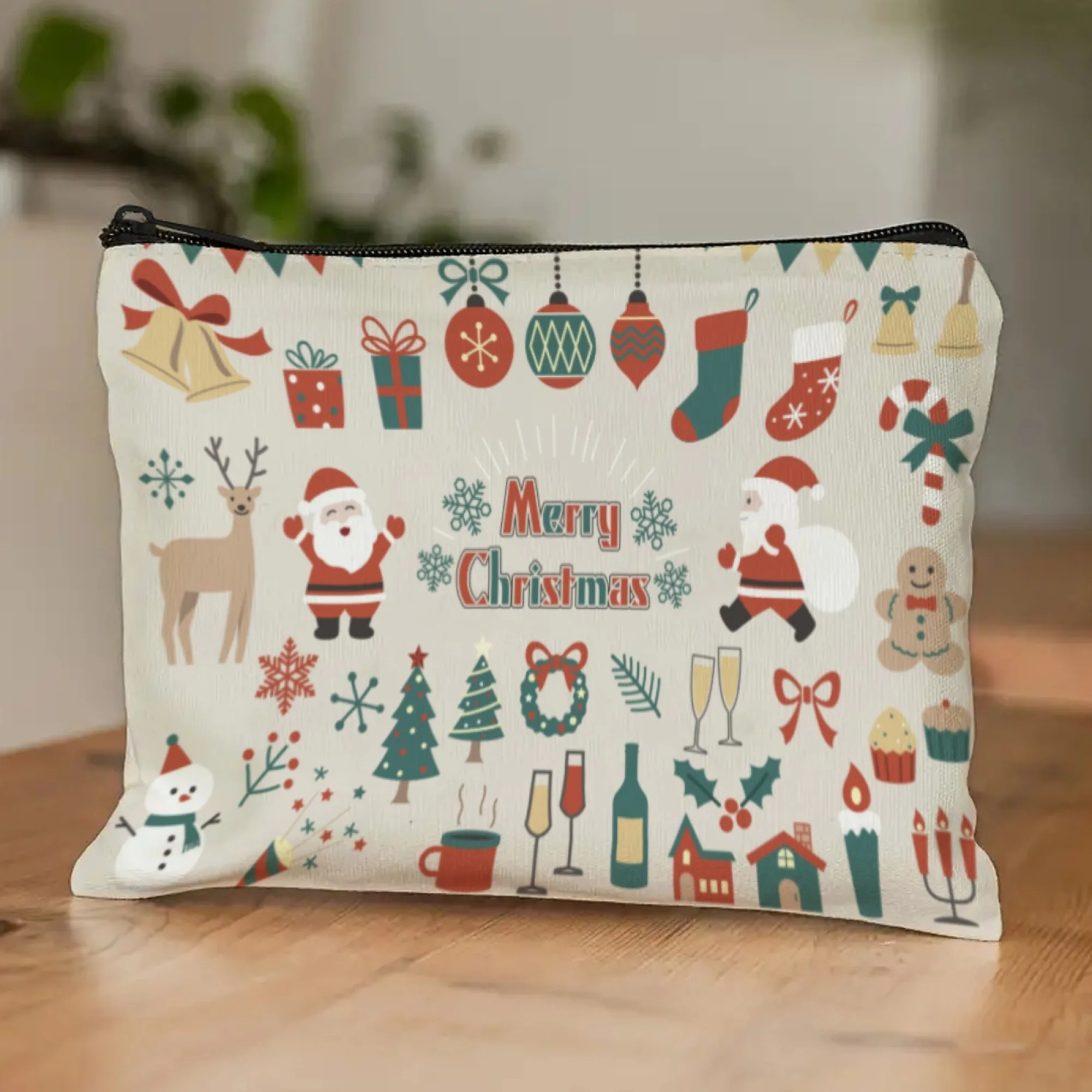 Beigefarbene Vintage-Weihnachts-Cartoon-Kosmetiktasche, klassischer Weihnachtsmann, Rentier, Schneemann und Aufdruck „Merry Christmas“, perfektes festliches Geschenk