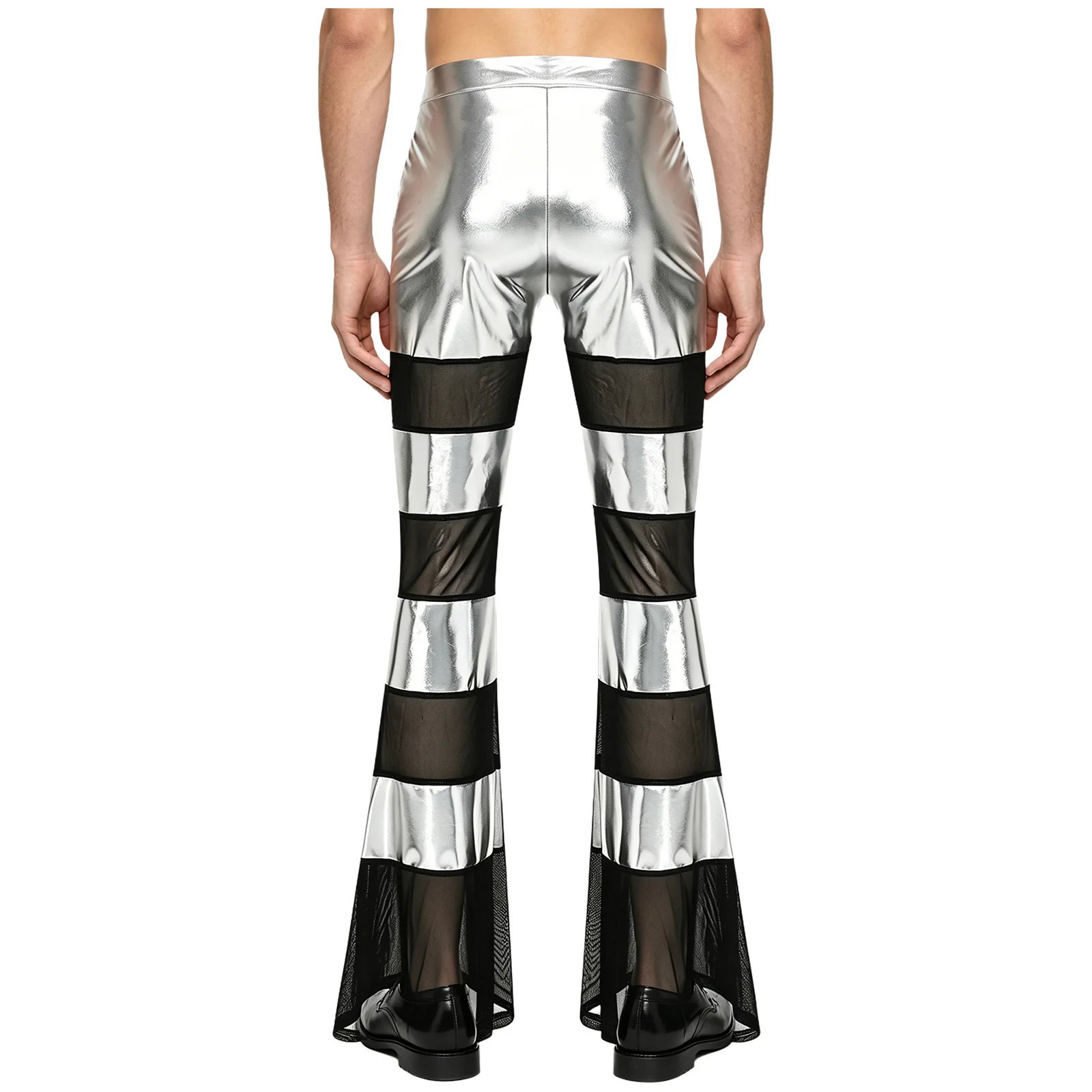 

Mens 70s 80s Disco Flared Pants Metallic Shiny Sheer Mesh Zippers Retro Bell Bottom Pants Hippie Party Rave Clubwear Streetwear