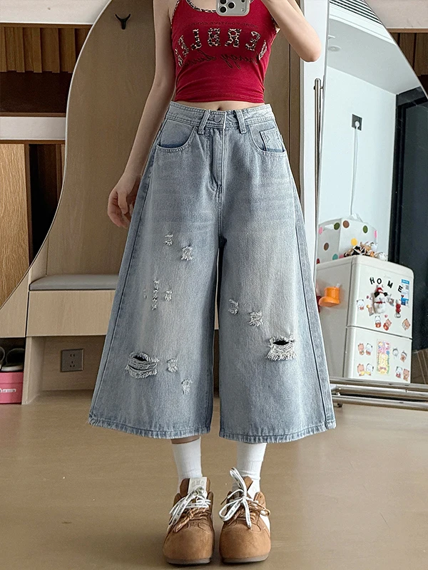 Light Wash Ripped Denim High Waist Wide Leg Pants Women's Summer New plus Size Loose Slimming for Pear Shaped Body Casual Jeans