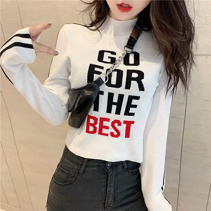 Nice Autumn Korean Women Clothing Letter Half Height Collar Long Sleeve Pullovers Female Trend All-match Slim Striped T-Shirts T
