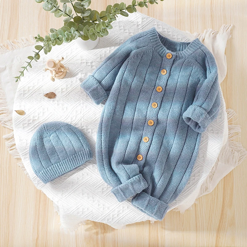 Winter Warm Baby Knit Romper Clothing Newborn Infant Toddler Boy Girl Long Sleeve Jumpsuit + Hat Fall Spring Outfits