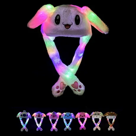Rabbit Hat Plush Glowing Moving Ears Airbag Cap Bunny Paw Press Earflap Cosplay Party Halloween Prop