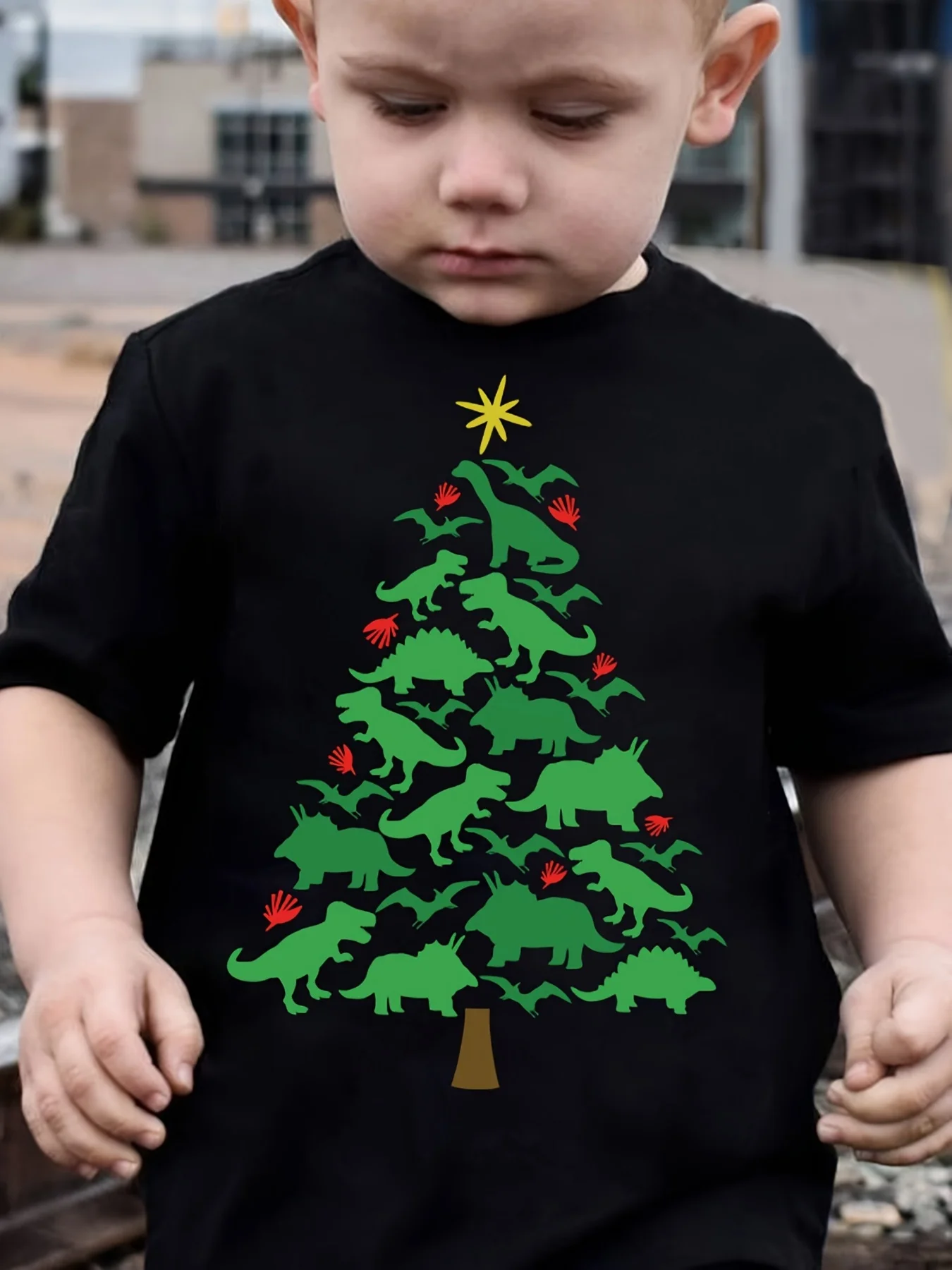 Boys Summer‑Cute‑Dinosaur‑Christmas‑Tree‑Print Casual Crew‑Neck Short‑Sleeve T‑Shirt For Holiday Daily Wear