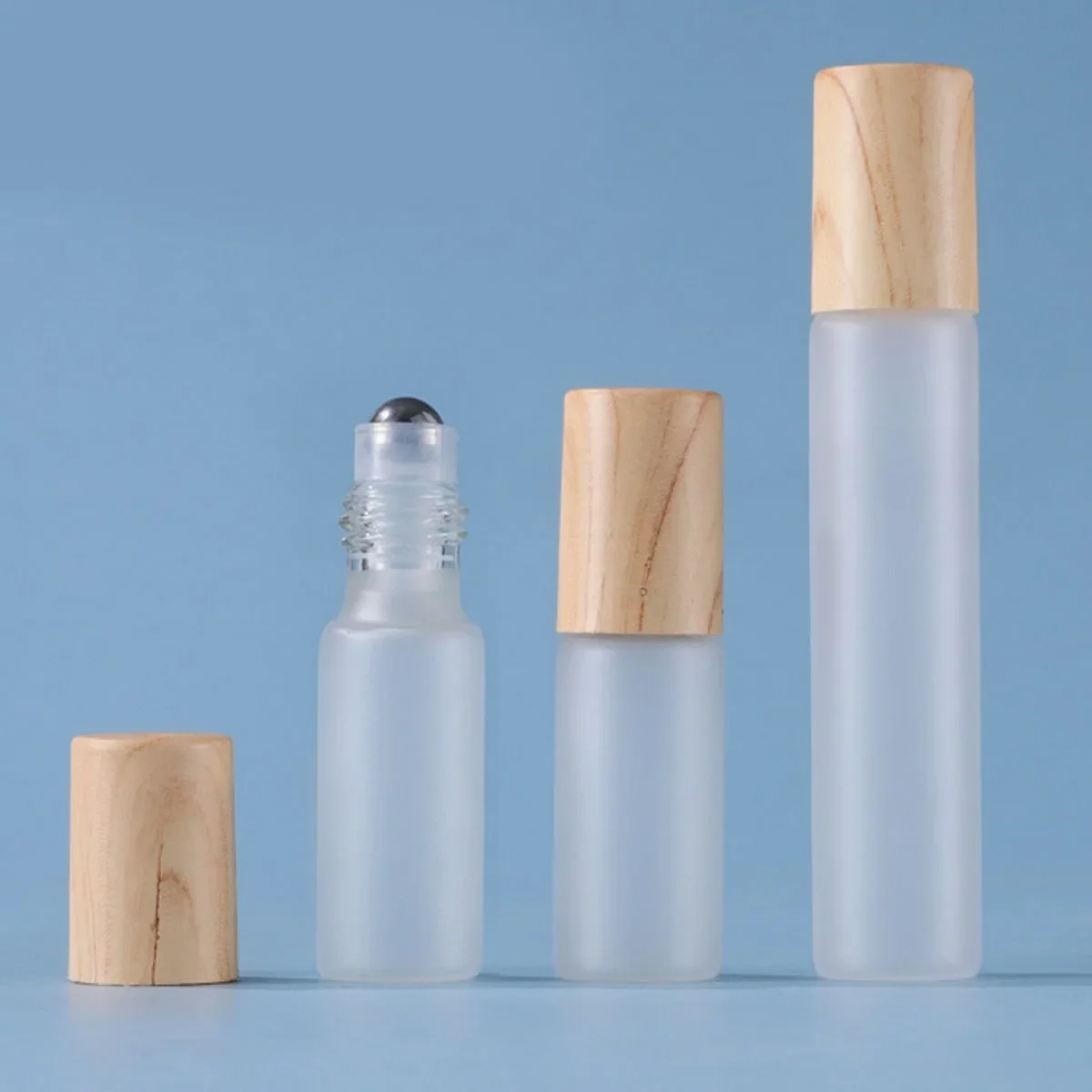 20X 50X Glass Essential Oil Roller Bottles 1/2/3/5/10ml Frosted Clear Roll on Vials PP Wood look Plastic Cap Lid Perfume Refill
