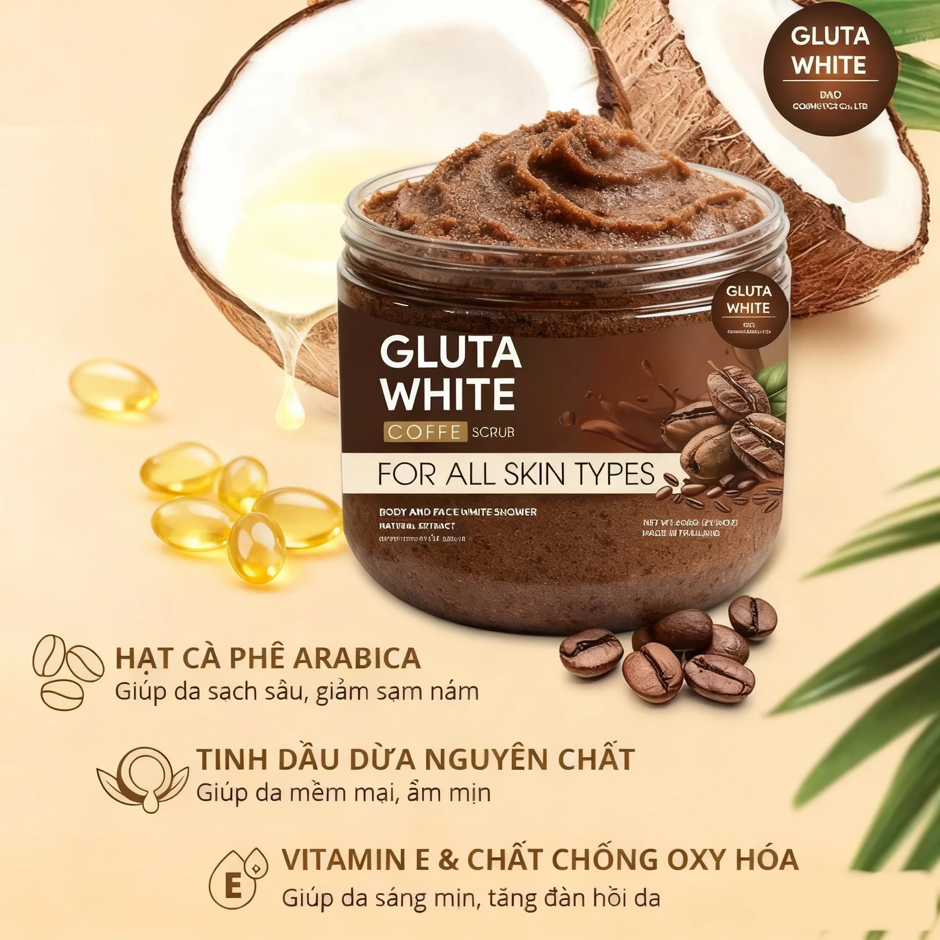 600gThai Coffee Scrub Exfoliates and Smooths Skin for Full-Body Use, Moisturizes and Hydrates Skin