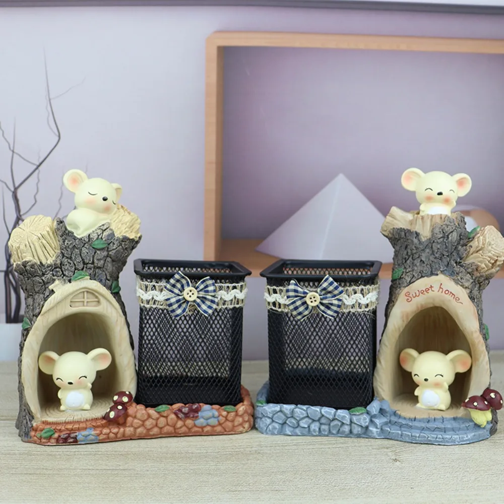 Large Capacity Pastoral Mouse Decor Pen Holder Multi-functional Metal Bracket Hole Resin Cute Desktop Pen Storage Box