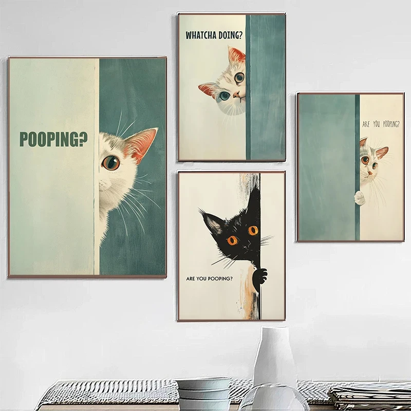 Cat Peeking Funny Quote Are You Pooping Posters and Prints Canvas Printing Vintage Wall Art Picture for Bathroom Toilet Decor
