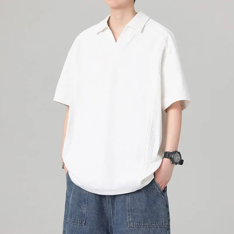 Men's Notched Collar Polo Shirt Mesh Panel Short Sleeve Loose Fit Solid Casual T Shirt