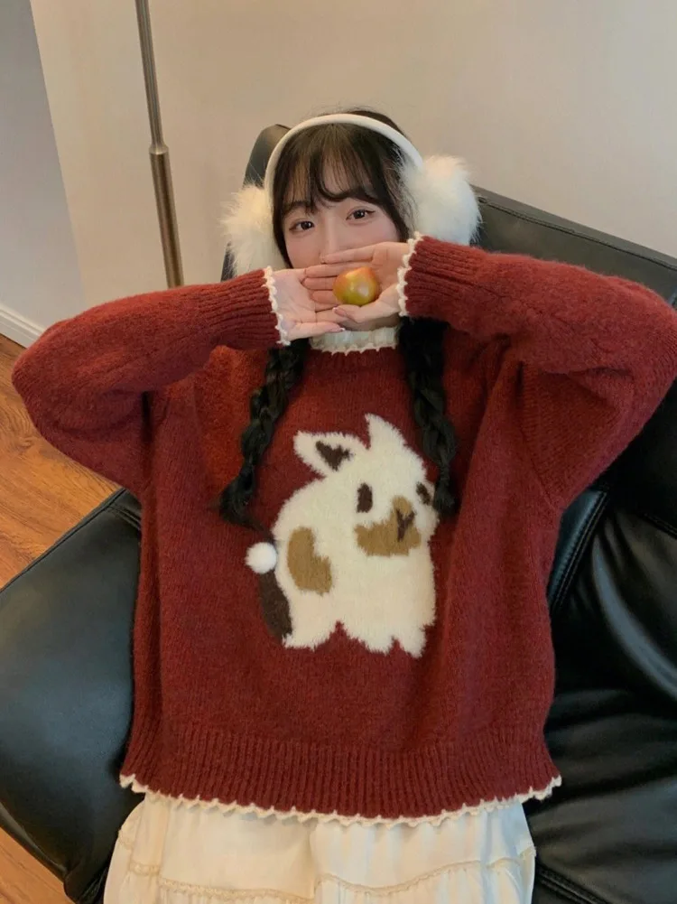 Wine Red Christmas Rabbit Sweater Female Pullover Kintwear Autumn Winter Cute Knitted Gentle Tie Top New Year Chic Clothes