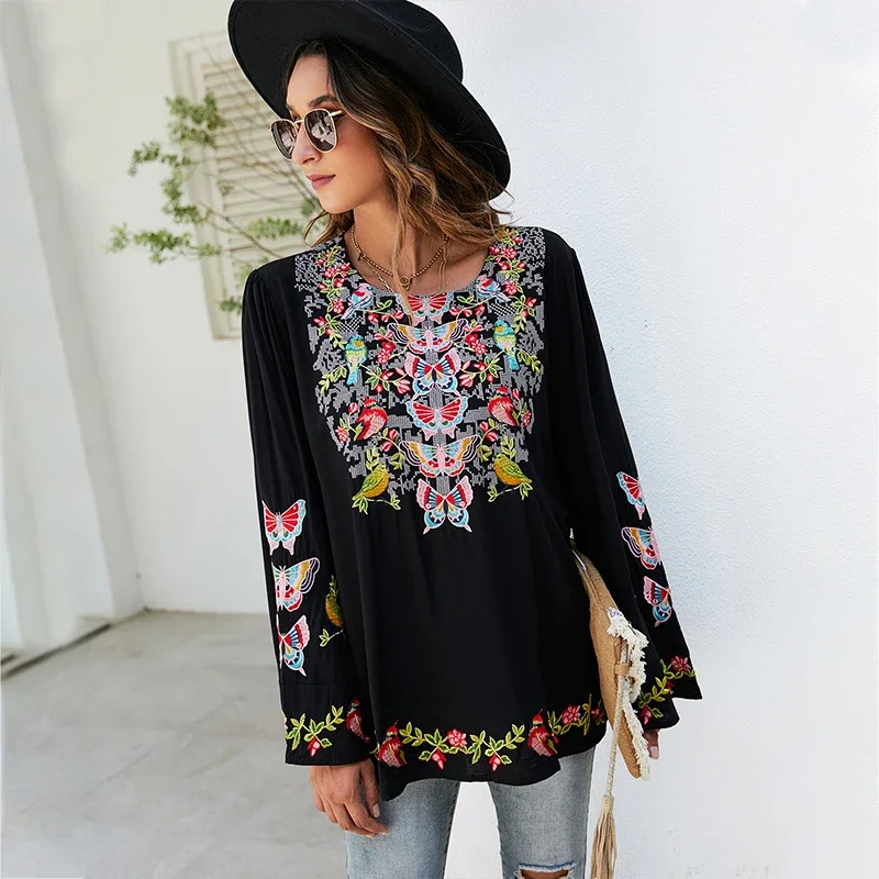 Eaeovni  Women\'s Mexican Embroidered Tops Traditional Boho Hippie Clothes Peasant Blouse Bohemian Long Sleeve Shirt Tunic