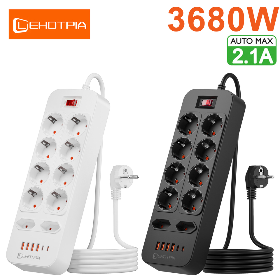  EU Plug AC Power Strip 3680W Multitap 1.8M Extension Cord Outlet Network Filter With 4 USB 2 Type-C Ports Charg Charging Adapter 