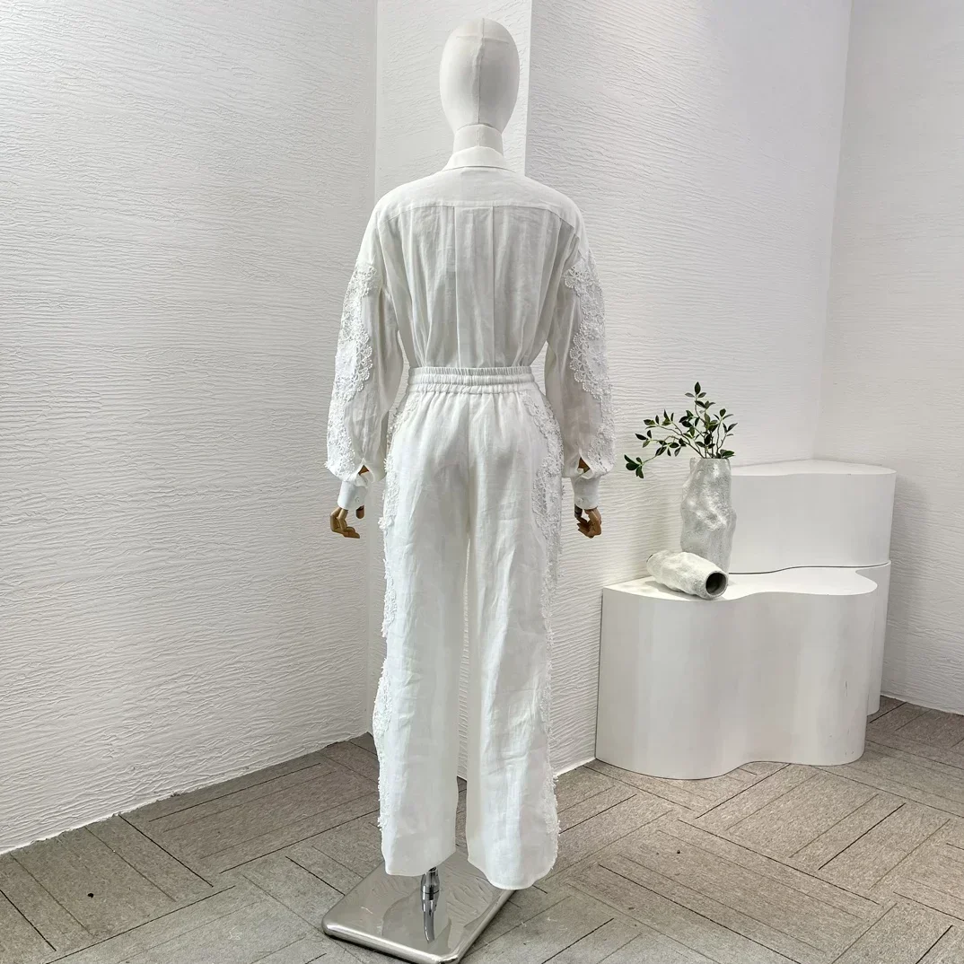 Spring Summer Re-tro Women New Design White Lace Patchwork Hook Floral Hollow Long Sleeve Ramie Blouse Tops and Linen Pants Set