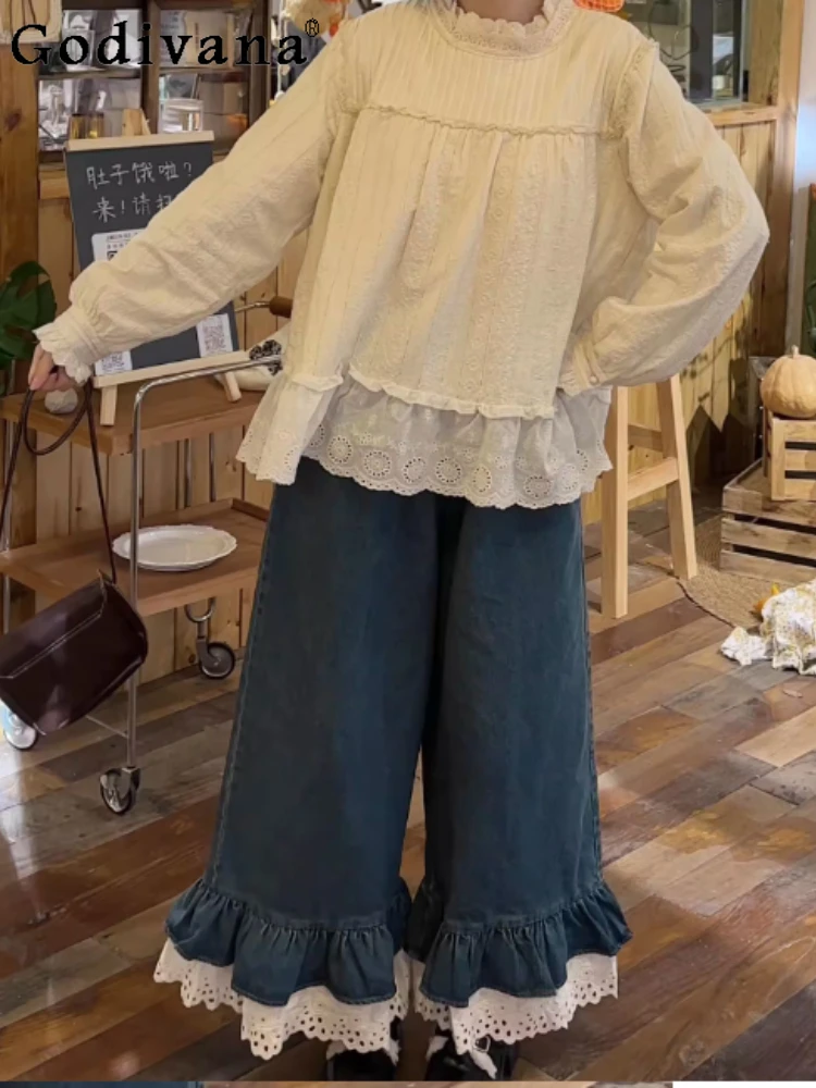 

Spring Sweet Age-reducing Elastic Waist Lace Splicing Loose Jeans Fashion Girl Versatile Age-reducing Blue Long Bootcut Jeans