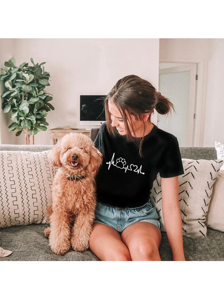 Paw Heartbeat Lifeline Dog Cat Women Tshirt Dog Lover Shirt Halajuku Casual Puppy Owner T Shirt for Lady Girl Top Tees Hipster