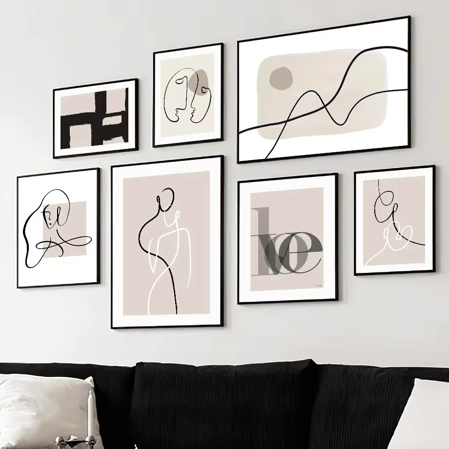 Beige Black Abstract Lines Figures Drawing Minimalist Wall Art Canvas Painting Posters and Prints Pictures for Living Room Decor
