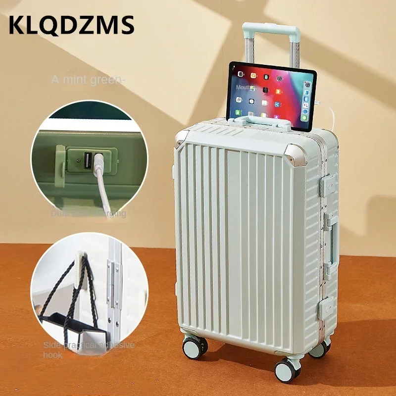 KLQDZMS-Valise à roulettes avec cadre en aluminium ABS + PC, chargement USB, boîte d'embarquement avec porte-gobelet, bagages 20 ", 22", 24 ", 26", 28"