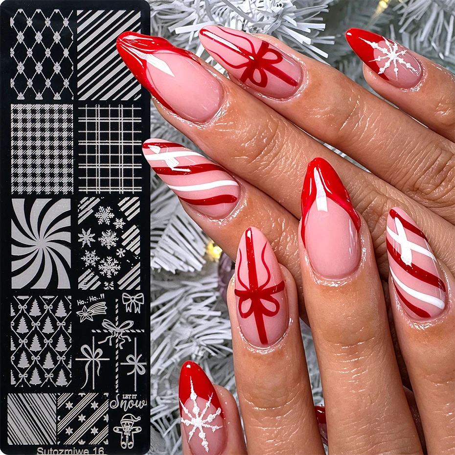Plaid Candy Cane Nail Stamping Plate Snowflake Gift Bow Stripe Pattern Nail Art Printing Template Winter Christmas Stamp Stencil