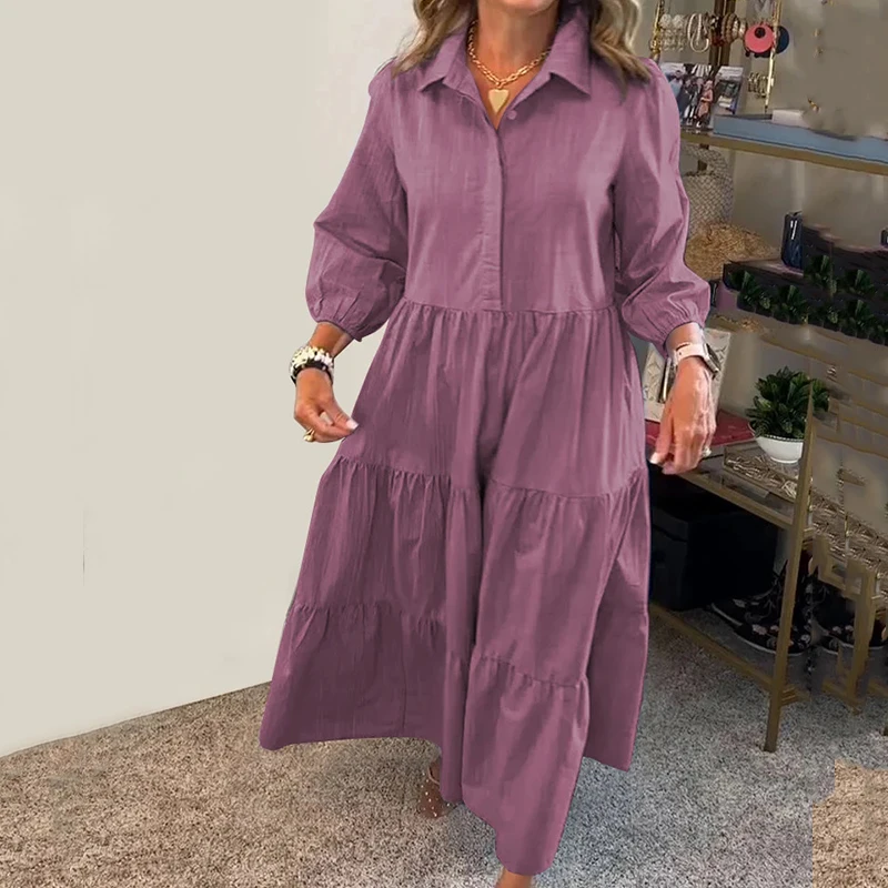 Abito ampio con bottoni e colletto rovesciato autunnale Abito casual da donna a maniche lunghe multicolore Abito maxi pieghettato da pendolarismo elegante