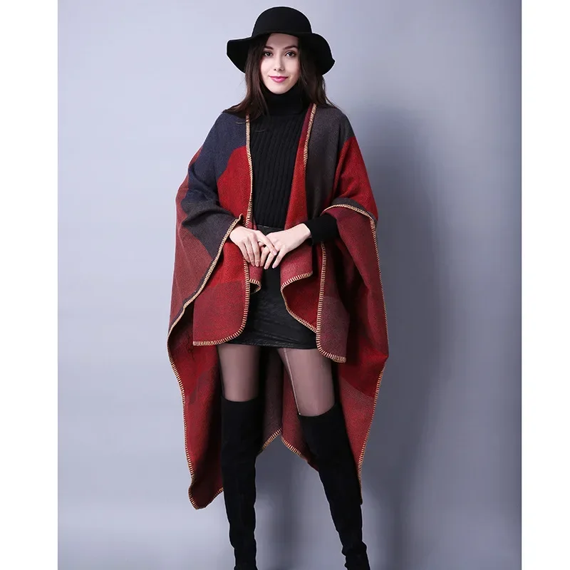 Autumn Winter  Women Travel Shawl Imitation Cashmere European  National Style Fork Thickened Cloak Ponchos Capes Red