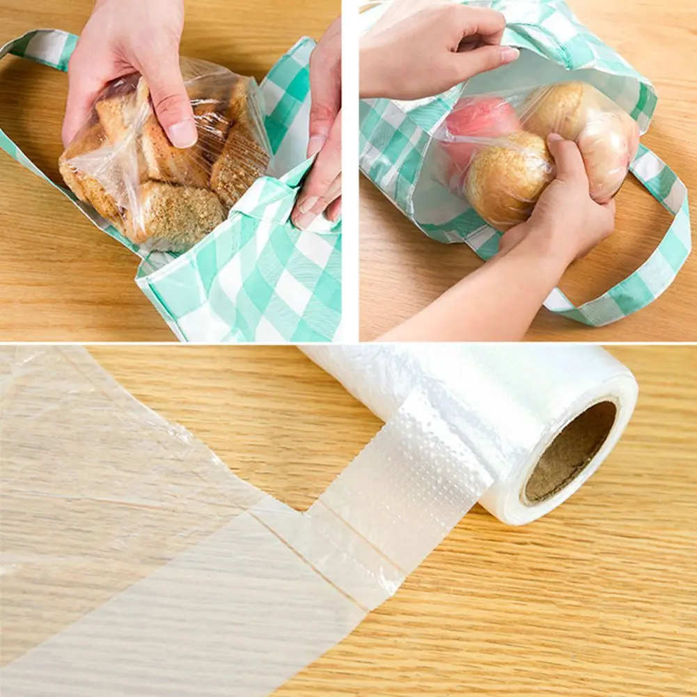 100Bags/Roll Plastic Food Storage Bags with Portable Handle for Vegetable Fruits Bread Kitchen Organizer Transpare Storage Bags