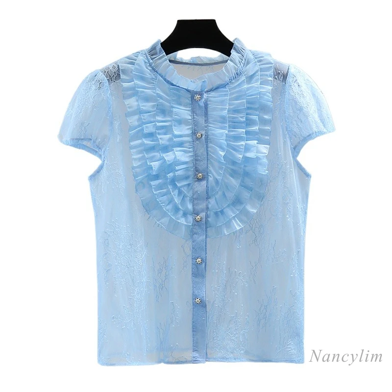 Ruffles Edge Short-sleeved Blue Shirt 2025 Women Summer Lotus Leaf Edge Embroidered Solid Color Casual Lace Blouse Tops