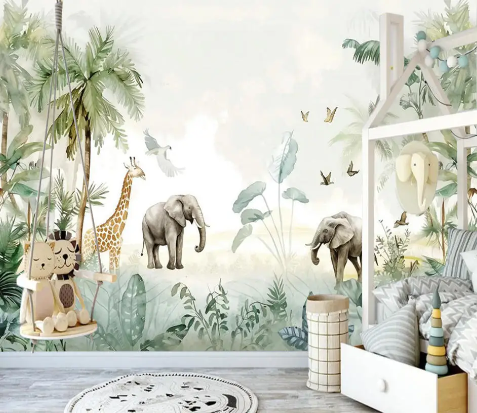 Custom Size Mural Hand-Painted Forest Retro Elk Giraffe Elephant Children's Bedroom Background Wall Decoration 3D Wallpaper