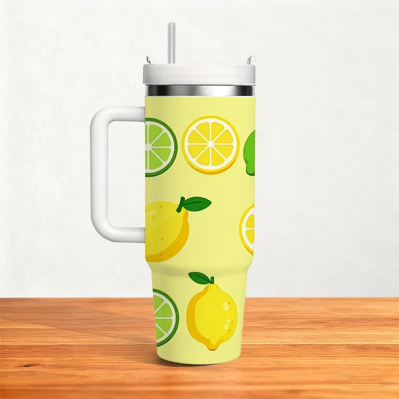 Playful Lemon Pattern 40oz Stainless Steel Insulated Tumbler, Vibrant Digital Print with Whole Lemons, Slices & Citrus Illustrations, Reusable Drink Cup Ideal for Daily Outdoor Use & Office Beverage Holding
