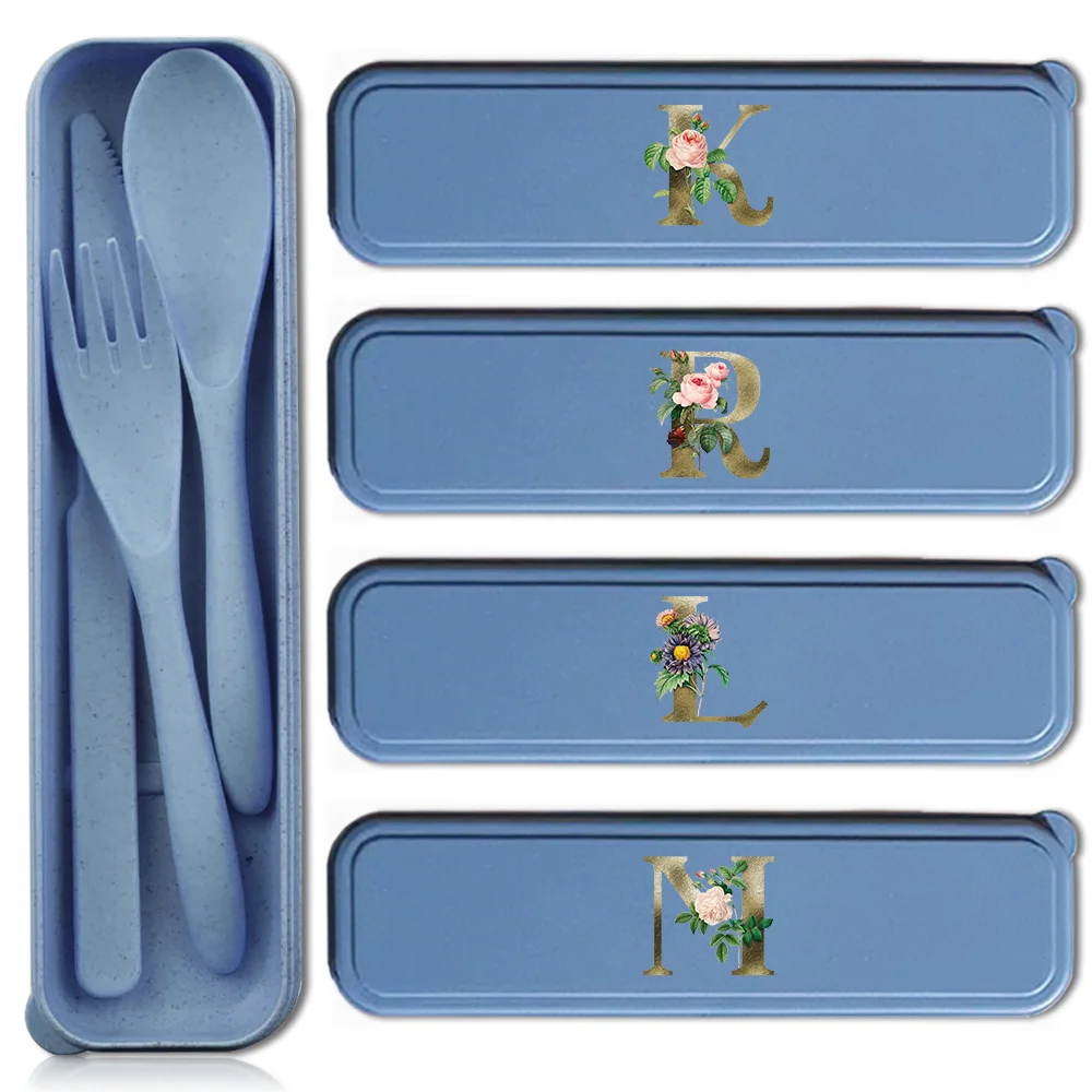 

3Pcs Wheat Straw Cutlery SetUtensils For Camping Picnic With Storage Box For Camping Picnic Golden Flower Pattern