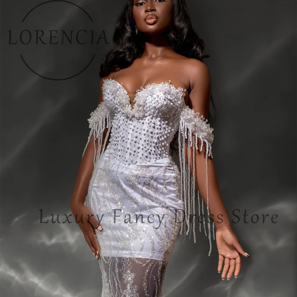 高級キラキラ真珠ウエディングドレスオフショルダービーズマーメイドウェディングパーティードレスカスタマイズされたタッセルローブド夜会ドバイ