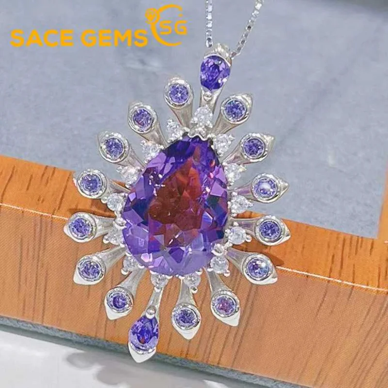 SACE GEMS S925 Sterling Silver 10*14MM Natual Amethyst Pendant Necklaces for Womne Engagement Cocktail Party Fine Jewelry