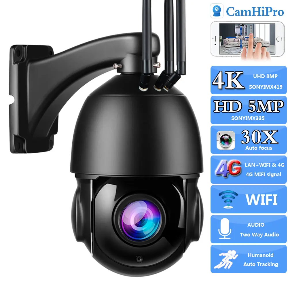 UHD 4K 8MP Sony415 30X Auto Zoom 3G 4G SIM Card Wireless Security IP Camera Wifi PTZ Dome Two Way Audio AI Human Tracking IR 80M