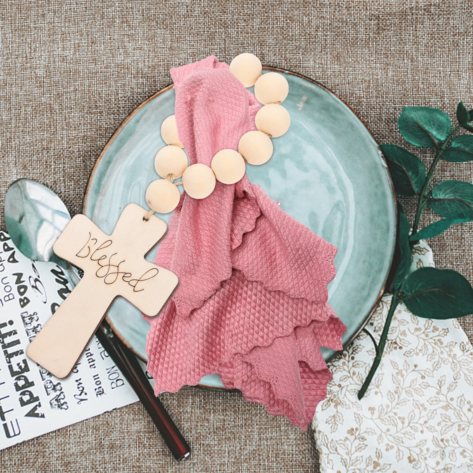 

3Pcs Cross Beaded Napkin Rings Wooden Beads Buckles Farmhouse Tiered Tray Party Table Decoration Dining Napkin Holders