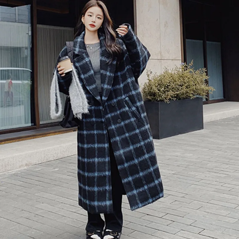 

Blue Plaid Woolen Coat For women 2026 Winter New Korean version Loose Temperament Slim Wool Coats Female Casual Long Overcoat