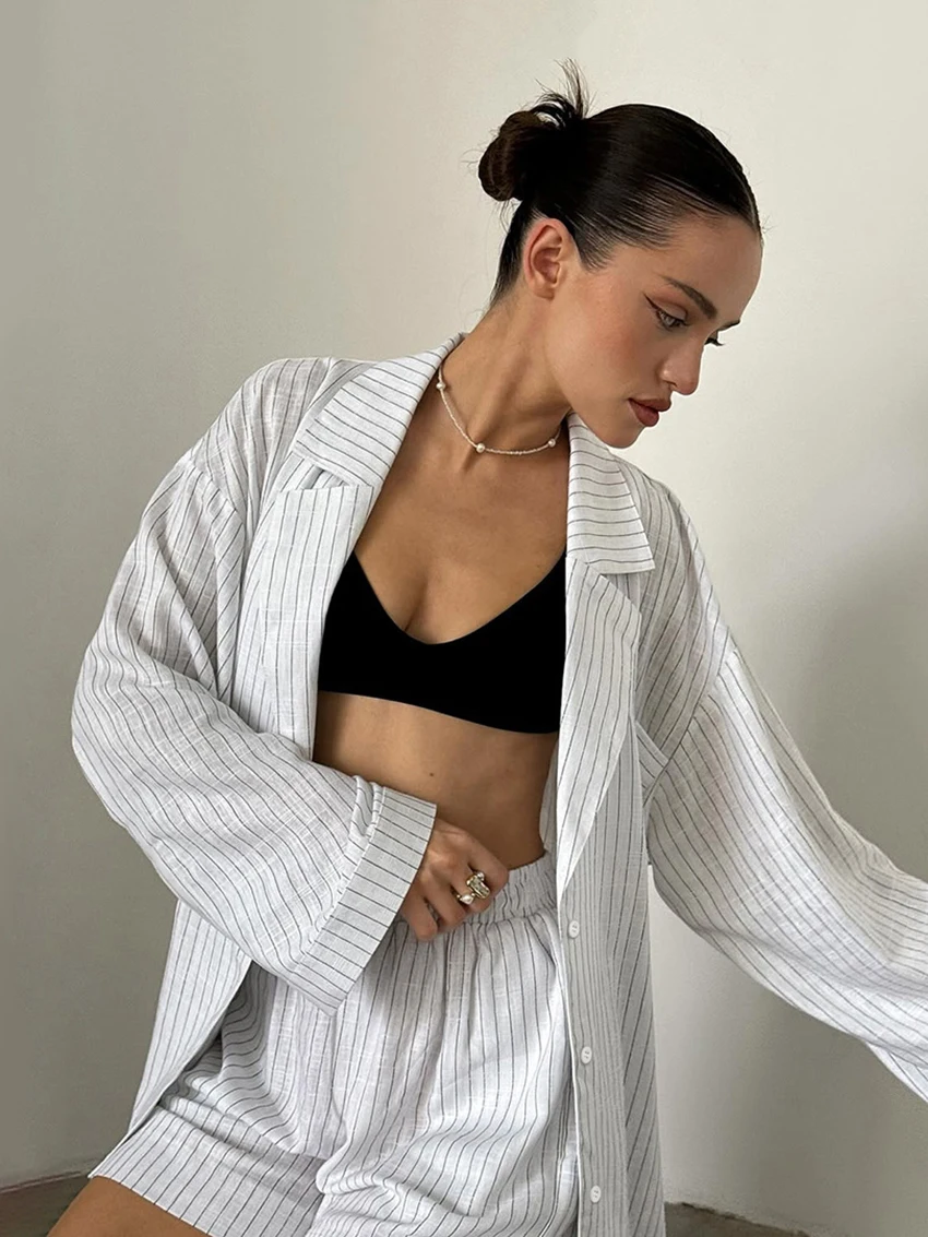 Marthaqiqi Striped Women Sleepwear Set Long Sleeve Nightgowns Sexy Turn-Down Collar Pajamas Shorts Causal Ladies Nightwear Suits
