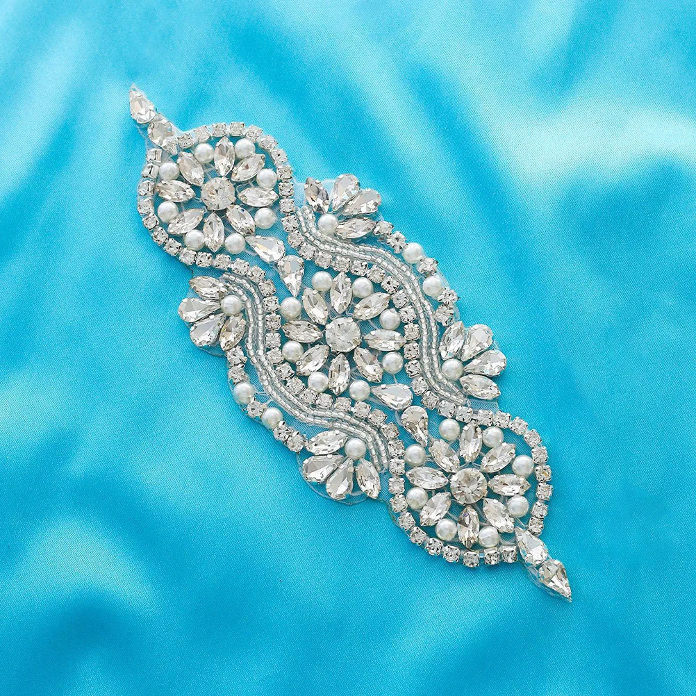 

Pearl Rhinestone Applique Sparkling Iron On Patch For Wedding Dress Belt Hat Clothing Sewing Craft Decor