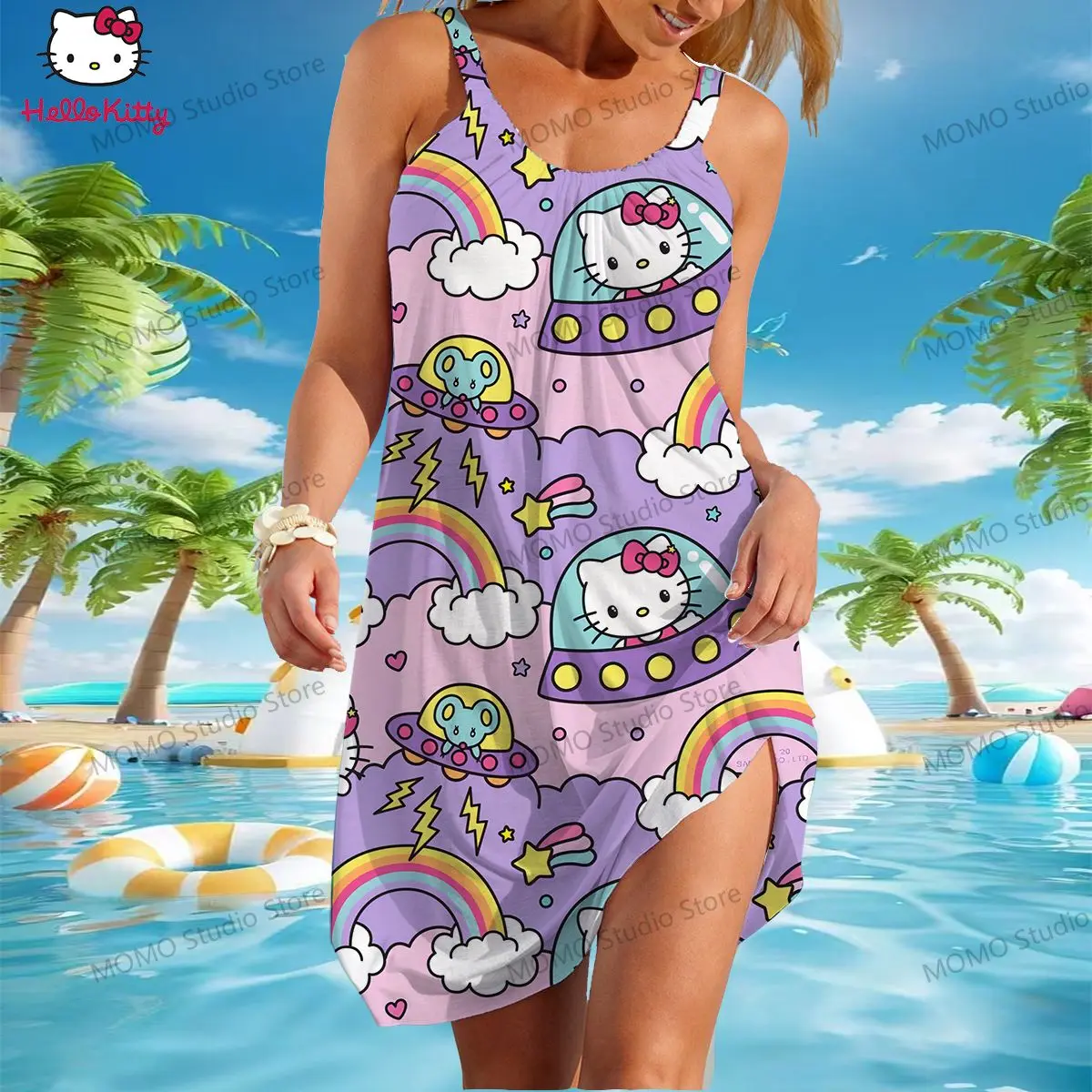 Vestido de playa de Hello Kitty para mujer, traje Kawaii Y2k, bohemio, Sanrio, S-3XL, informal, elegante, novedad de 2024