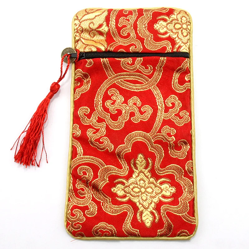 Bolsa de escritura Retro de doble capa, bolso grueso con patrón de dragón étnico, flor rica, con cremallera, para joyería, brocado, bolsas de