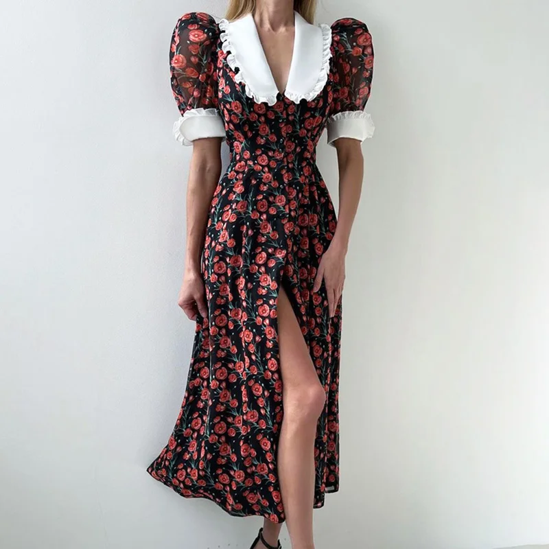 

Ticketsx Fashion V-neck Printed Split Long Dress Contrast Color High Waist Slim Floral Dress Elegant Party Birthday Female Dress