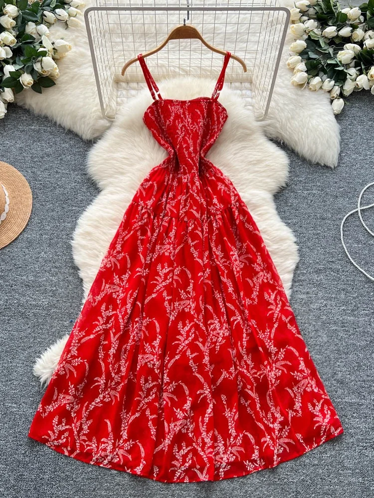 Vestido largo Retro con estampado Floral para mujer, vestido de verano con cintura adeazante, sin tirantes, estilo coreano,...