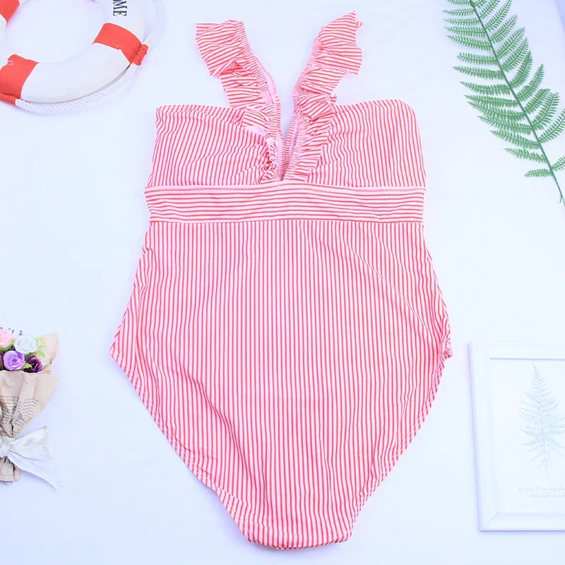 레드 러플 원피스 수영복 딥 브이넥 수영복 여성 수영복 비치웨어 모노키니 스트라이프 여성 수영복