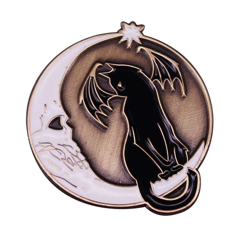 

Skull Crescent Moon Bat Cat Enamel Pin Gothic Mystery Animal Brooch Jewelry Halloween Gifts for Kitty Owners