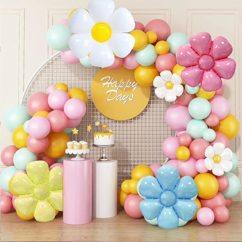 134 sztuki pastelowych balonów stokrotki, ogromnych białych kwiatów balonów z folii aluminiowej Różowy żółty niebieski zielony fioletowy balon lateksowy z helem, odpowiedni na urodziny, Baby Shower, wesele, materiały do dekoracji imprezy stokrotki — zdjęcie 3