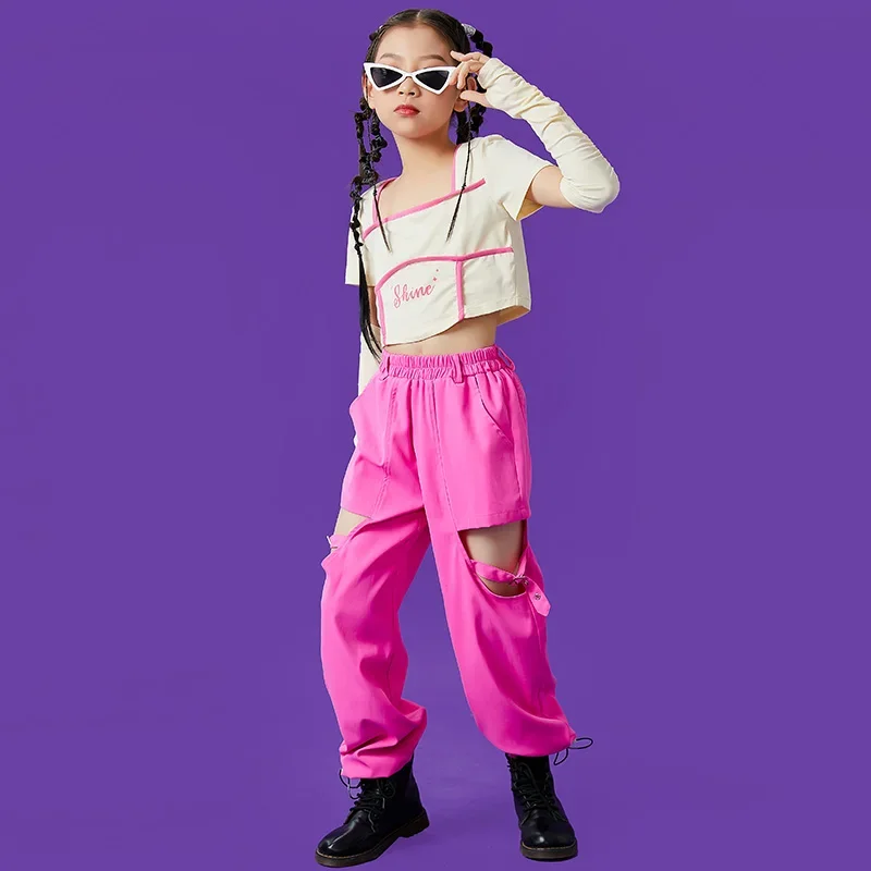 Mädchen Jazz Dance Kostüm Kpop Kleidung T-Shirt Rosa Cargo Hosen Hip Hop Kleidung Kinder Street Dance Performance Outfit DL9890