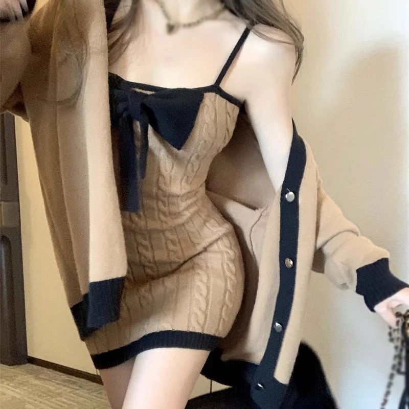 Contrasting Colors Sleeveless Camisole Dress Korean Version Bow Slim Sweet Dress Sexy Knitted Slip Bodycon Dress Sexy Fashion Dr