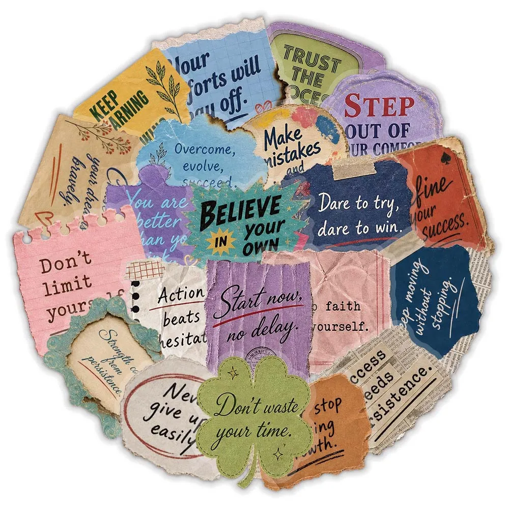 50Pcs Vintage Inspirational Quote Stickers Colorful Torn Paper Motivational Words Decals for Journal Scrapbooking Craft Decor
